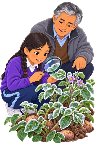 Niña con trenzas y chompa morada observa con una lupa las hojas de papa cubiertas de escarcha, mientras su abuelo le señala las plantas