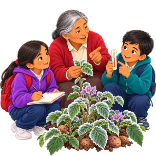 Abuela con chompa roja muestra una planta de papa escarchada a una niña que toma notas y a un niño que sostiene un termómetro