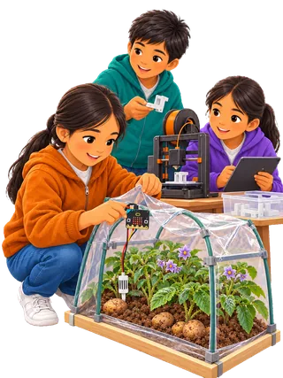 Niña arma un mini invernadero con plantas de papa y una placa micro:bit, mientras un niño sostiene una pieza de la impresora 3D y otra niña usa una tablet