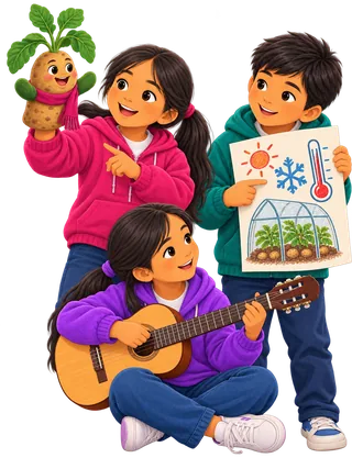 Niña con un títere de papa, niño con un cartel sobre heladas e invernadero y niña que toca la guitarra comparten lo que aprendieron