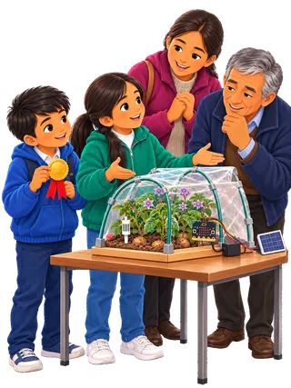 Niña presenta su mini invernadero con micro:bit y panel solar en la feria de ciencia, junto a un niño con una medalla, su mamá y su abuelo
